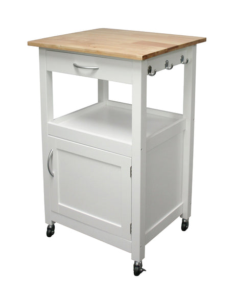 eHemco Kitchen Island Cart on Wheels with Drawer, Storage Cabinet, Shelf and Natural Solid Hardwood Top, White Base eHemco