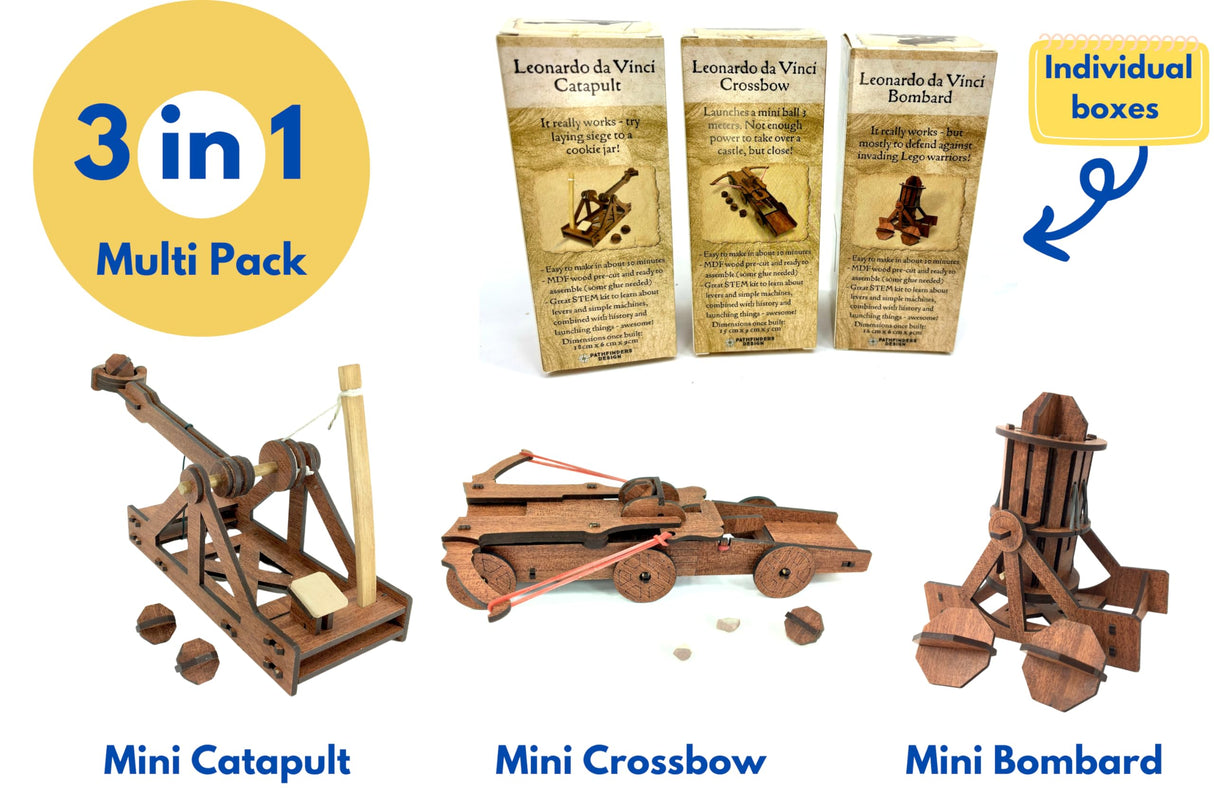 PATHFINDERS Leonardo Da Vinci weapons mini model kits catapult crossbow bombard set of 3 Engineering kits Educational Toys for Kids Science kit for Kids Age 8-10 10-12 stem Projects Wood Building Kits Pathfinders
