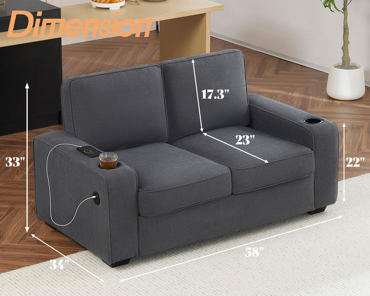 VanAcc Sofa, Comfy Couch- Deep Seat Sofa, Modern Couch with Cup Holders & USB Charging Ports, Loveseat for Living Room (Charcoal Grey Chenille)