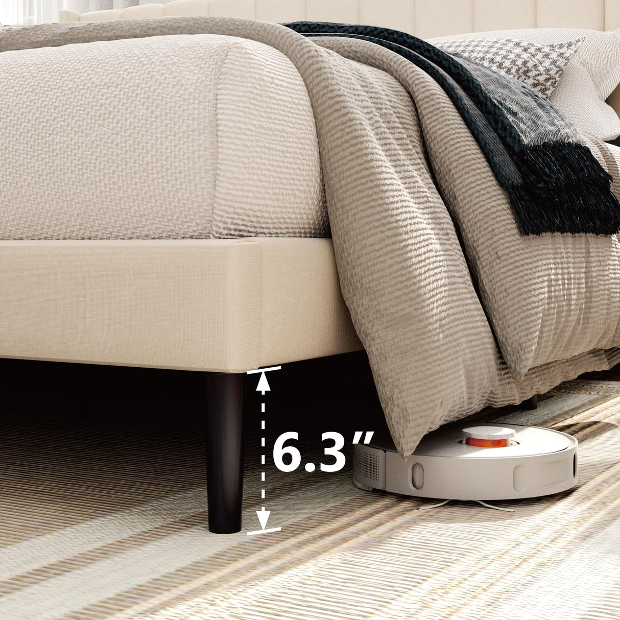 Sismplly Full Size Bed Frame with Headboard,Vertical Channel Tufted Wingback No Box Spring Needed, Mattress Foundation, Easy Assembly, Beige Sismplly