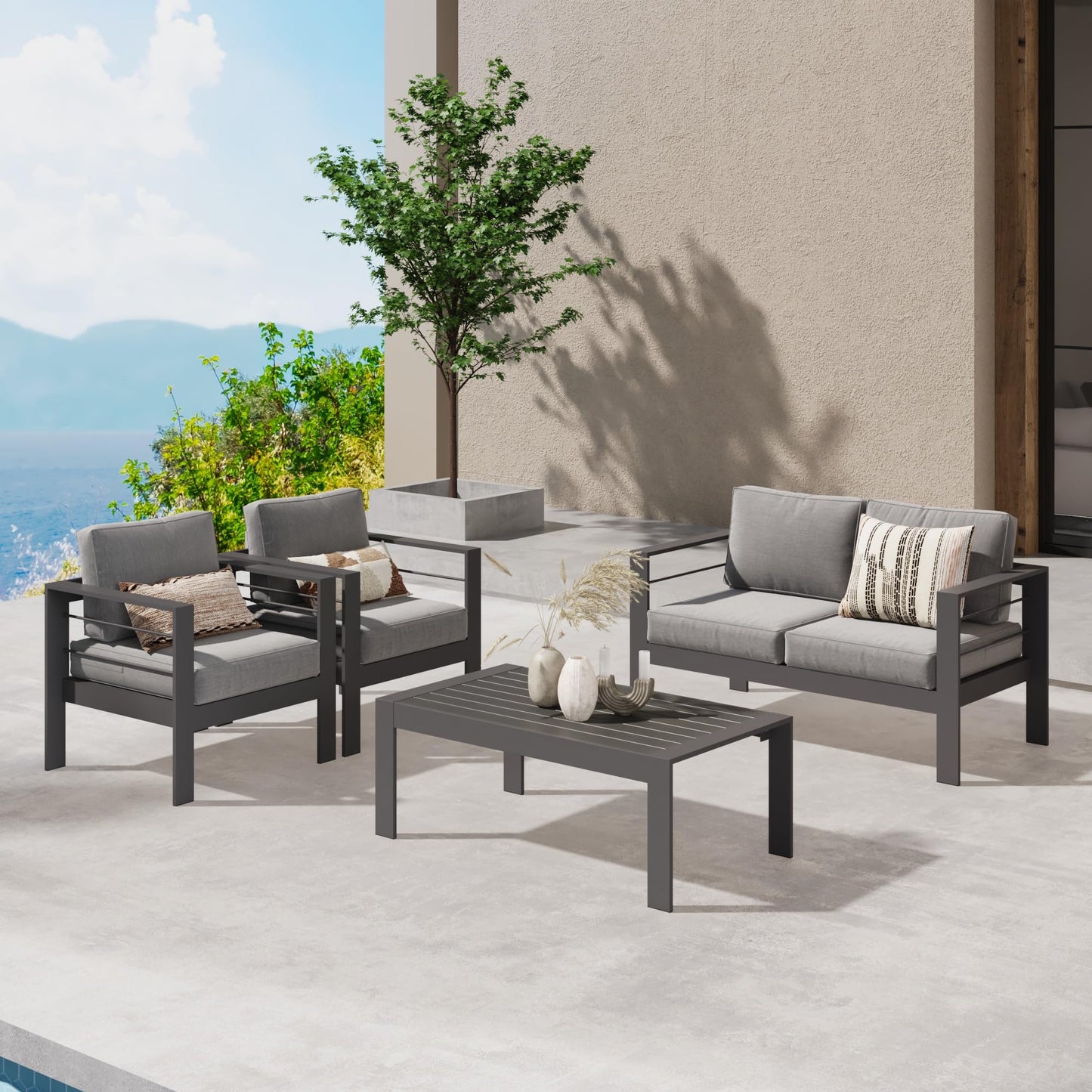 Wisteria Lane Outdoor Patio Furniture Set, 4 Pieces Aluminum Sectional Sofa, Metal Patio Conversation Set with Loveseat, 5 Inch Grey Cushion and Coffee Table (Dark Grey & Grey) - WoodArtSupply