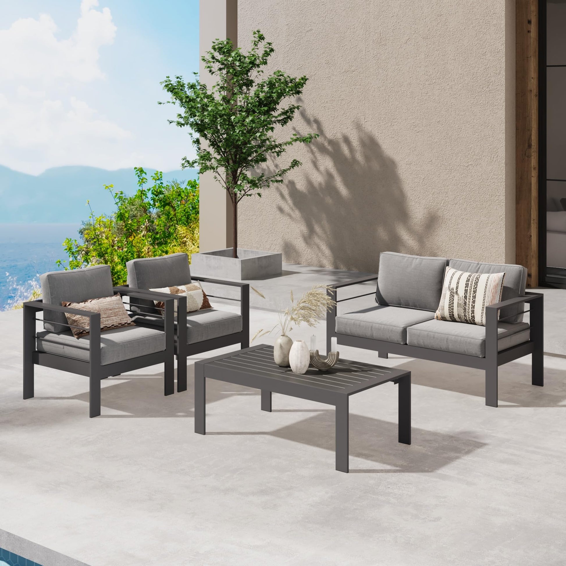 Wisteria Lane Outdoor Patio Furniture Set, 4 Pieces Aluminum Sectional Sofa, Metal Patio Conversation Set with Loveseat, 5 Inch Grey Cushion and Coffee Table (Dark Grey & Grey) - WoodArtSupply