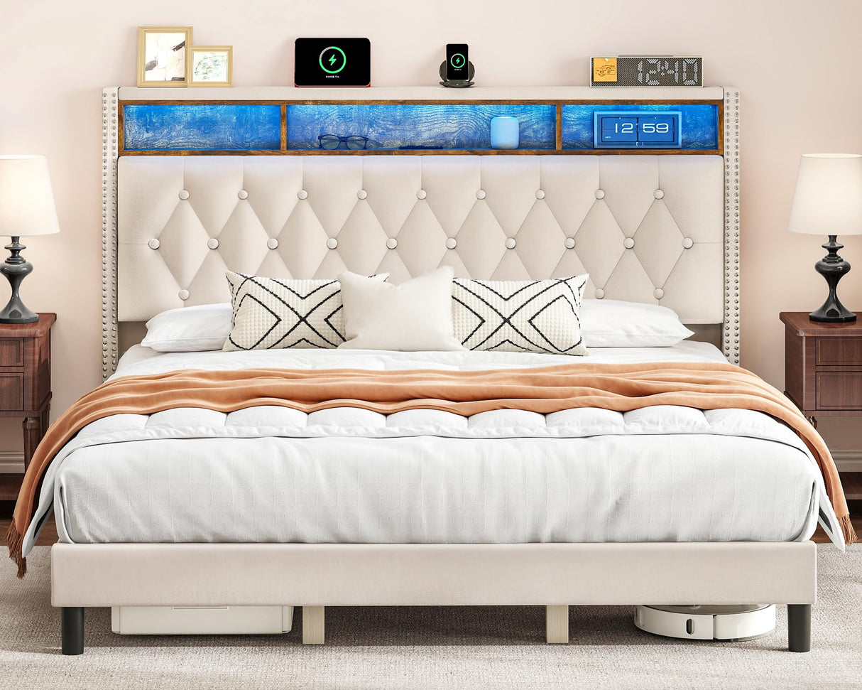 DWVO King Bed Frame with Upholstered Headboard, Platform Bed Frame with LED Lights & Charging Station, No Box Spring Needed, Beige DWVO