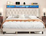 DWVO King Bed Frame with Upholstered Headboard, Platform Bed Frame with LED Lights & Charging Station, No Box Spring Needed, Beige DWVO