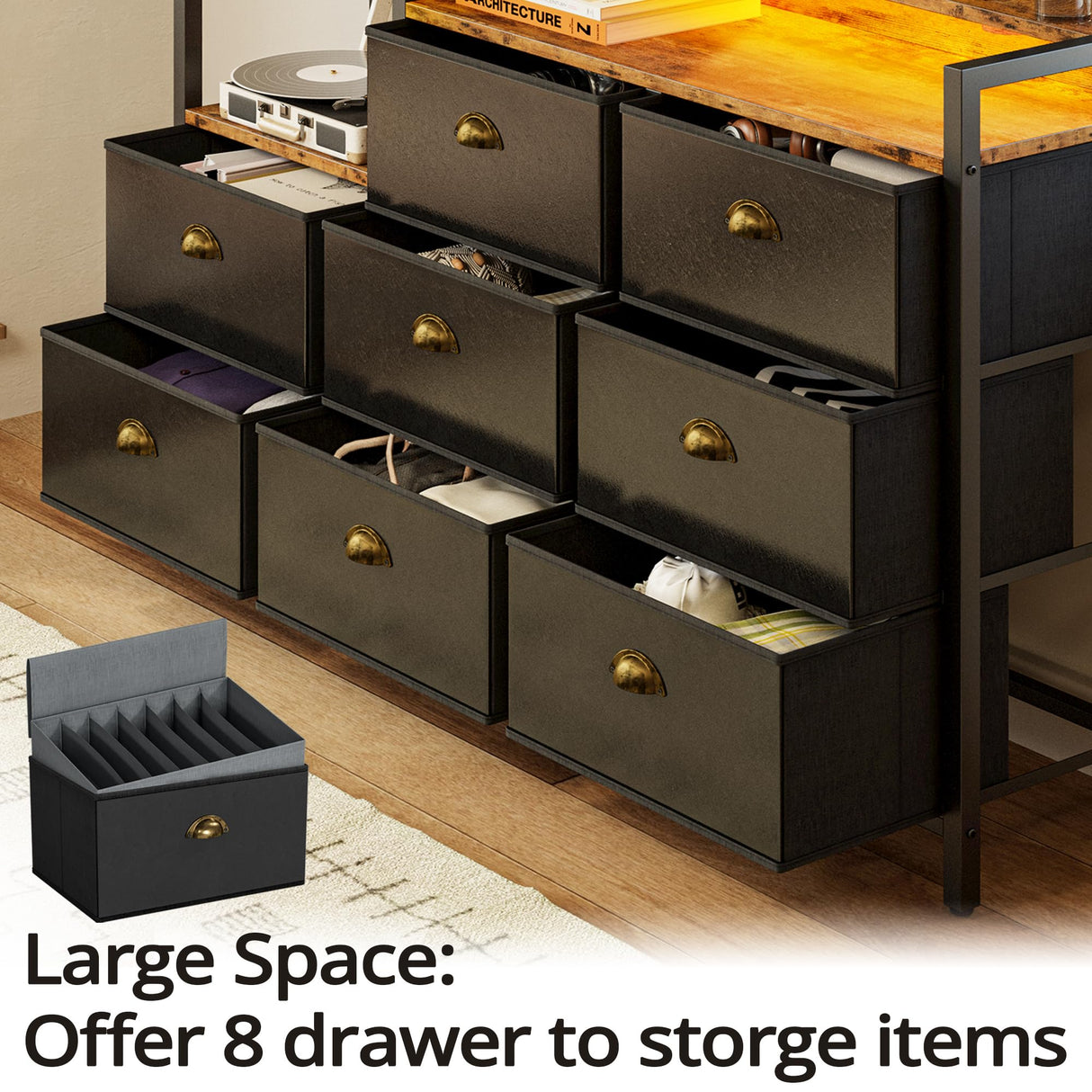 IRONCK Dresser with Power Outlets and LED Lights, 8 PU Leather Drawers Dresser with Charging Station, Wide Chests of Drawers for Closet, Bedroom, Hallway, Vintage Brown Black IRONCK