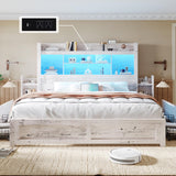 LUXOAK Distressed White King Bed Frame with Bookcase Headboard, RGB LED & Charging Station LUXOAK
