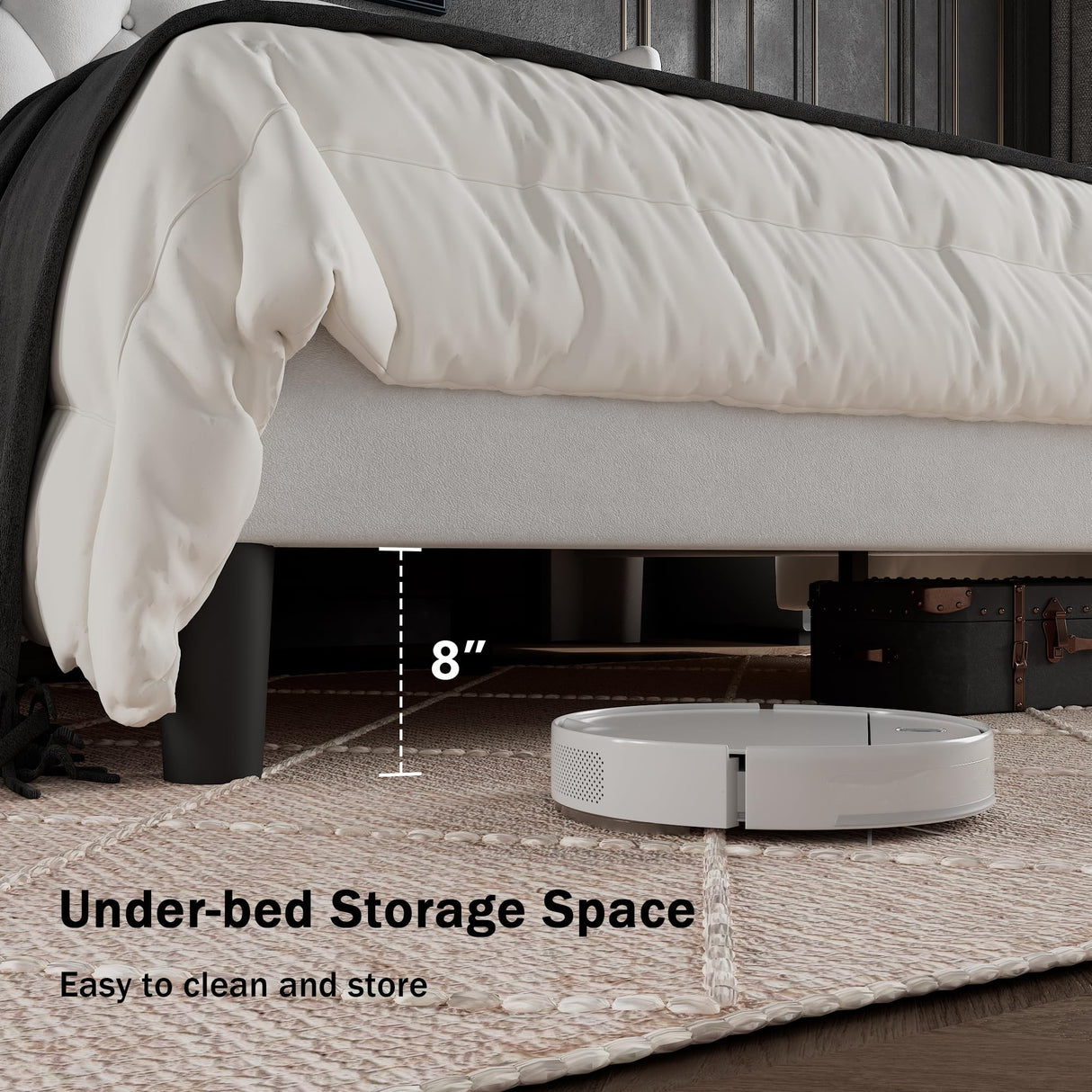 GalnFu Queen Size Bed Frame with Button Tufted Headboard, Upholstered Platform Bed Frame with UnderBed Storage, Wooden Slats Supports, Noise Free, No Box Spring Needed, Easy Assembly, White GalnFu