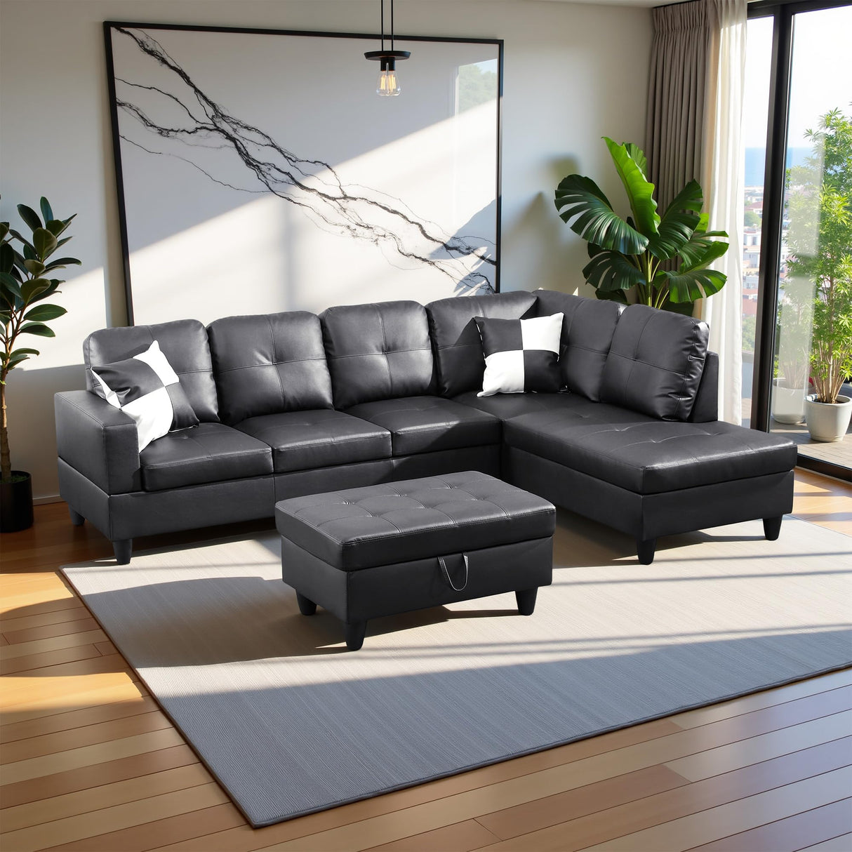 Lyngins 103.5" Oversized Sectional Couch, L Shaped Couch with Storage Ottoman, Modern Modular Sofa with Deep Seat, Sectional Couches for Living Room and Office, Jet Black (Faux Leather) Lyngins