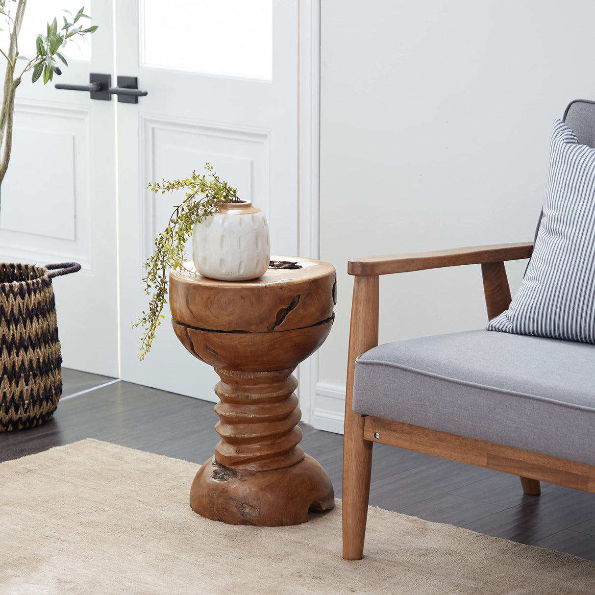 Deco 79 Teak Wood Handmade Side End Accent Table Live Edge End Table with Coiled Base, Side Table 13" x 13" x 20", Brown Deco 79