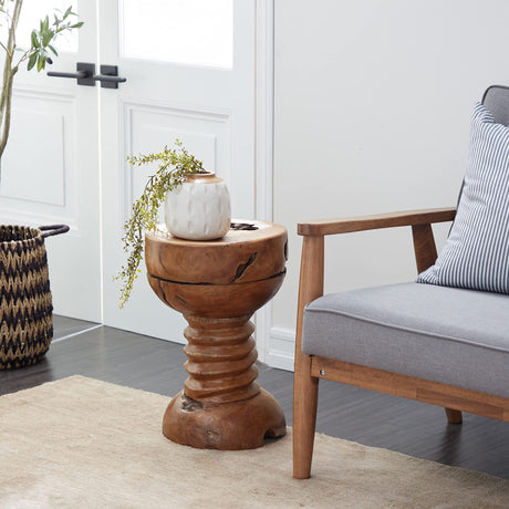 Deco 79 Teak Wood Handmade Side End Accent Table Live Edge End Table with Coiled Base, Side Table 13" x 13" x 20", Brown Deco 79