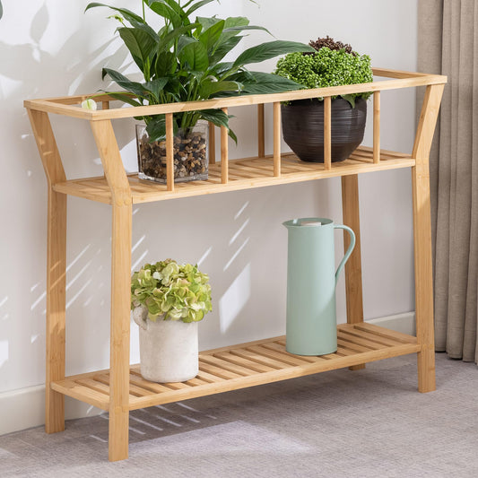 Nnewvante Plant Stand Indoor Bamboo Potted Plant Shelf Table 2 Tier Tall Window-sill Pot Organizer Holder, Sofa Side Entryway Table for Living Room 37.4"x11"