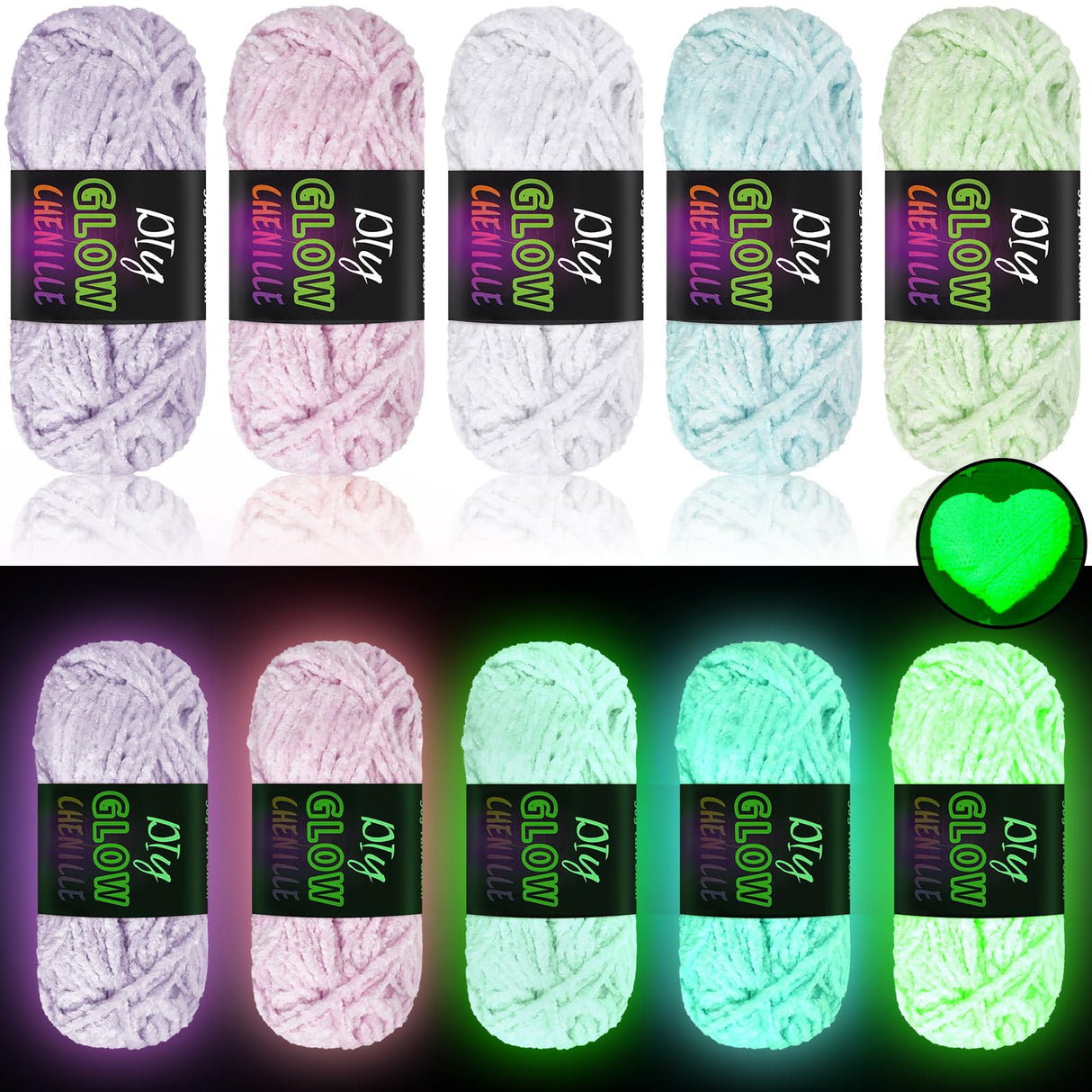 Fanfanwin 5 Rolls Glow in The Dark Chenille Yarn Luminous Crochet Yarn Glow Sewing Craft for DIY Arts Crafts Halloween Knitting Sewing Crocheting Supplies, 76.5 Yard Per Roll Fanfanwin