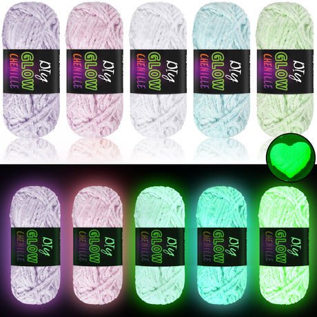 Fanfanwin 5 Rolls Glow in The Dark Chenille Yarn Luminous Crochet Yarn Glow Sewing Craft for DIY Arts Crafts Halloween Knitting Sewing Crocheting Supplies, 76.5 Yard Per Roll Fanfanwin