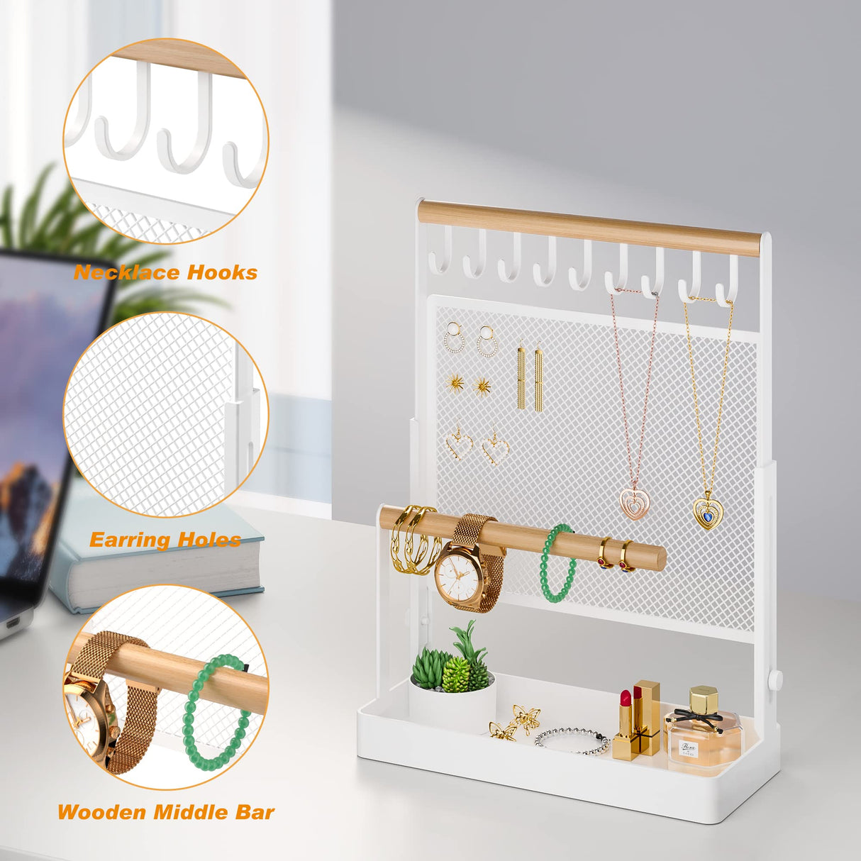 IOAIANIA Jewelry Organizer Stand, Liftable Necklace Holder with Earring Organizer Net, 9 Hooks Necklaces Storage Wooden Handing Bar for Bracelets Watches Rings (White) IOAIANIA
