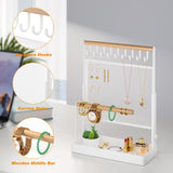 IOAIANIA Jewelry Organizer Stand, Liftable Necklace Holder with Earring Organizer Net, 9 Hooks Necklaces Storage Wooden Handing Bar for Bracelets Watches Rings (White) IOAIANIA