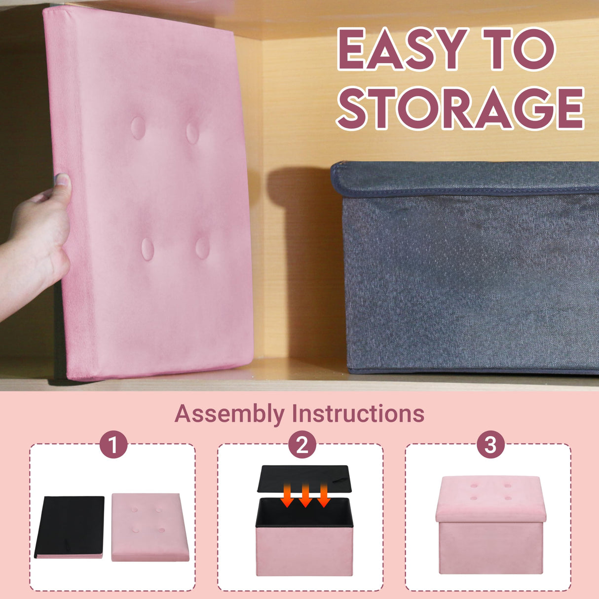 ZOES HOMEWARE Small Storage Ottoman Foot Rest, Velvet Ottoman with Storage and Side Pocket, Pink Foot Rest for Couch, Foldable Footstool Ottoman for Chair,Living Room&Dorm, 16"x12"x12" Pink ZOES HOMEWARE