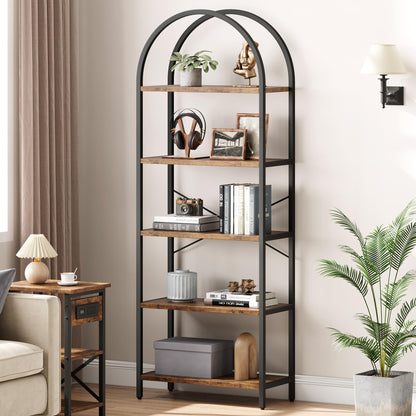 IDEALHOUSE Bookshelf 5 Tier Bookcase Arched Display Racks Tall Standing Bookshelves Metal Frame Rustic Storage Rack Shelf Brown Book Shelf for Bedroom, Living Room, Home Office, Rustic Brown - WoodArtSupply