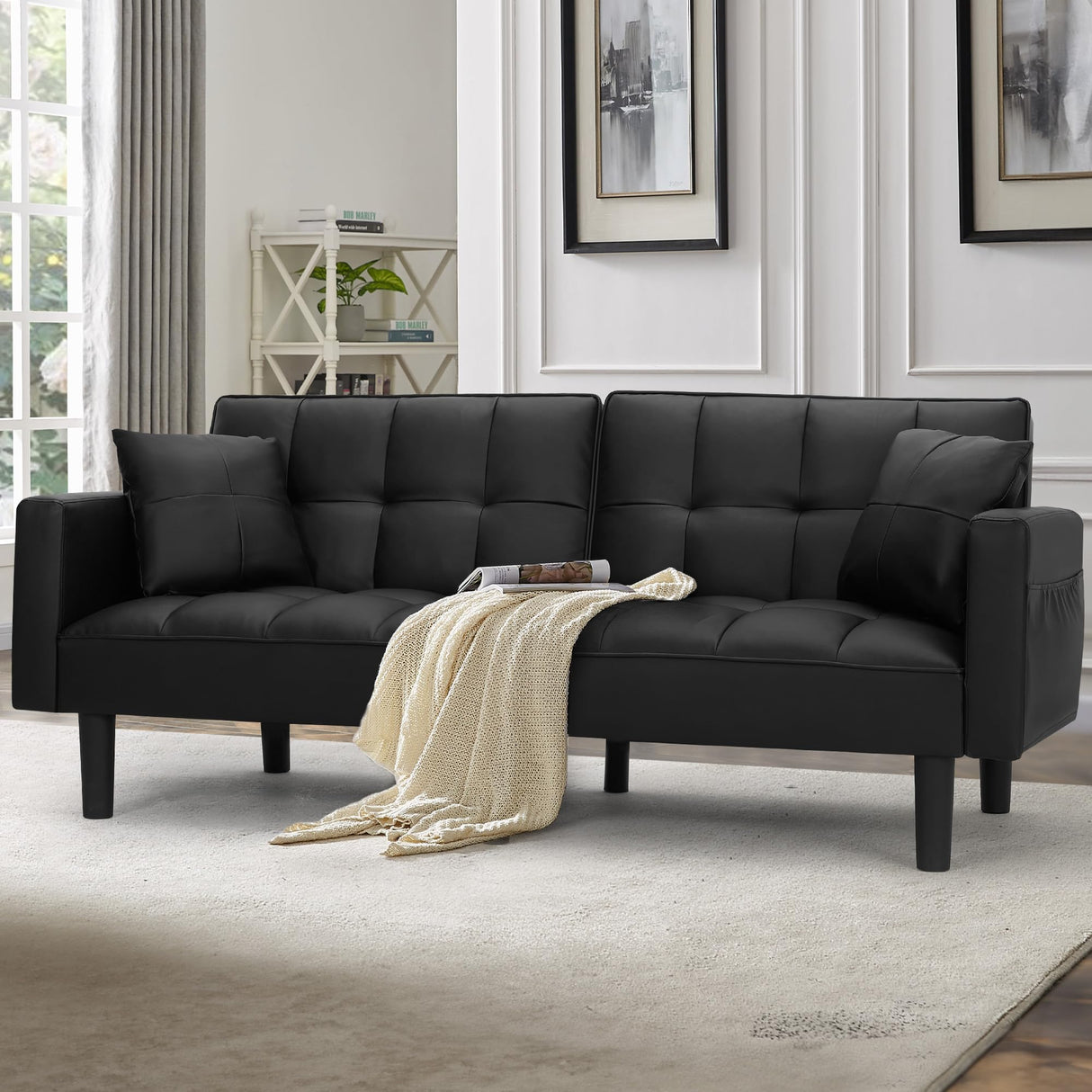 AVAWING Futon Sofa Bed, Modern Leather Convertible Upholstered Sleeper Couch with Adjustable Back, Arms and High Strength Nylon Legs for Living Room, Apartment, Office (Black) AVAWING