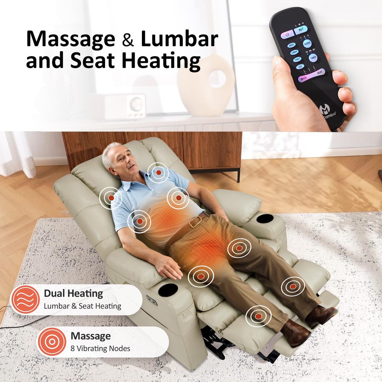 MCombo Oversized Triple Motor Power Lift Recliner Chair with Massage and Dual Heating, Adjustable Headrest for Big and Tall Elderly People, Faux Leather R7635 (Beige, Large-Oversize) MCombo