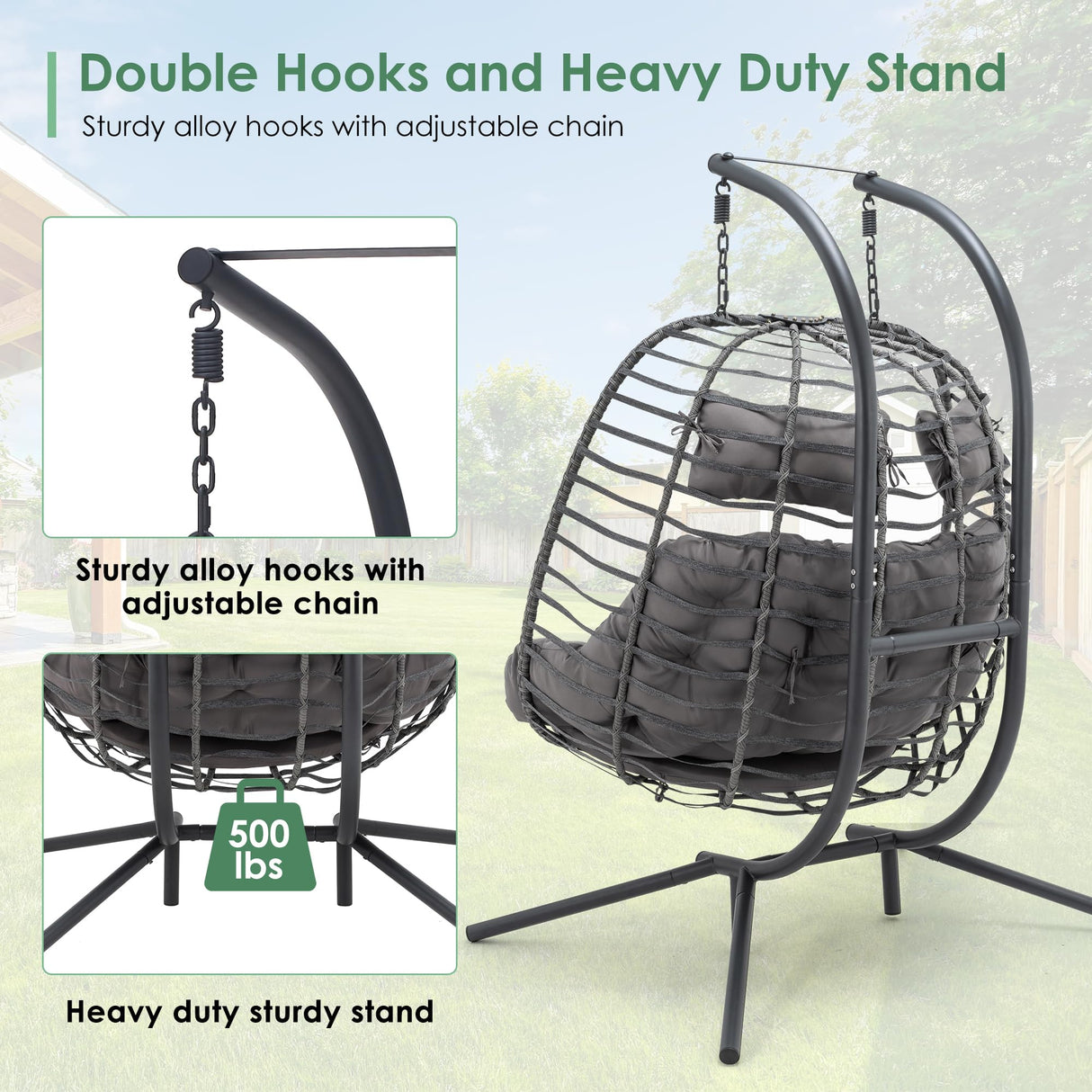 Double Egg Swing Chair with Stand for Outdoor, Patio Hand Made Rattan Wicker 2 Double Hanging Egg Chairs Hammock Chair with UV Resistant Cushion and Metal Frame, Porch Swing Loveseat for Backyard XIAO WEI