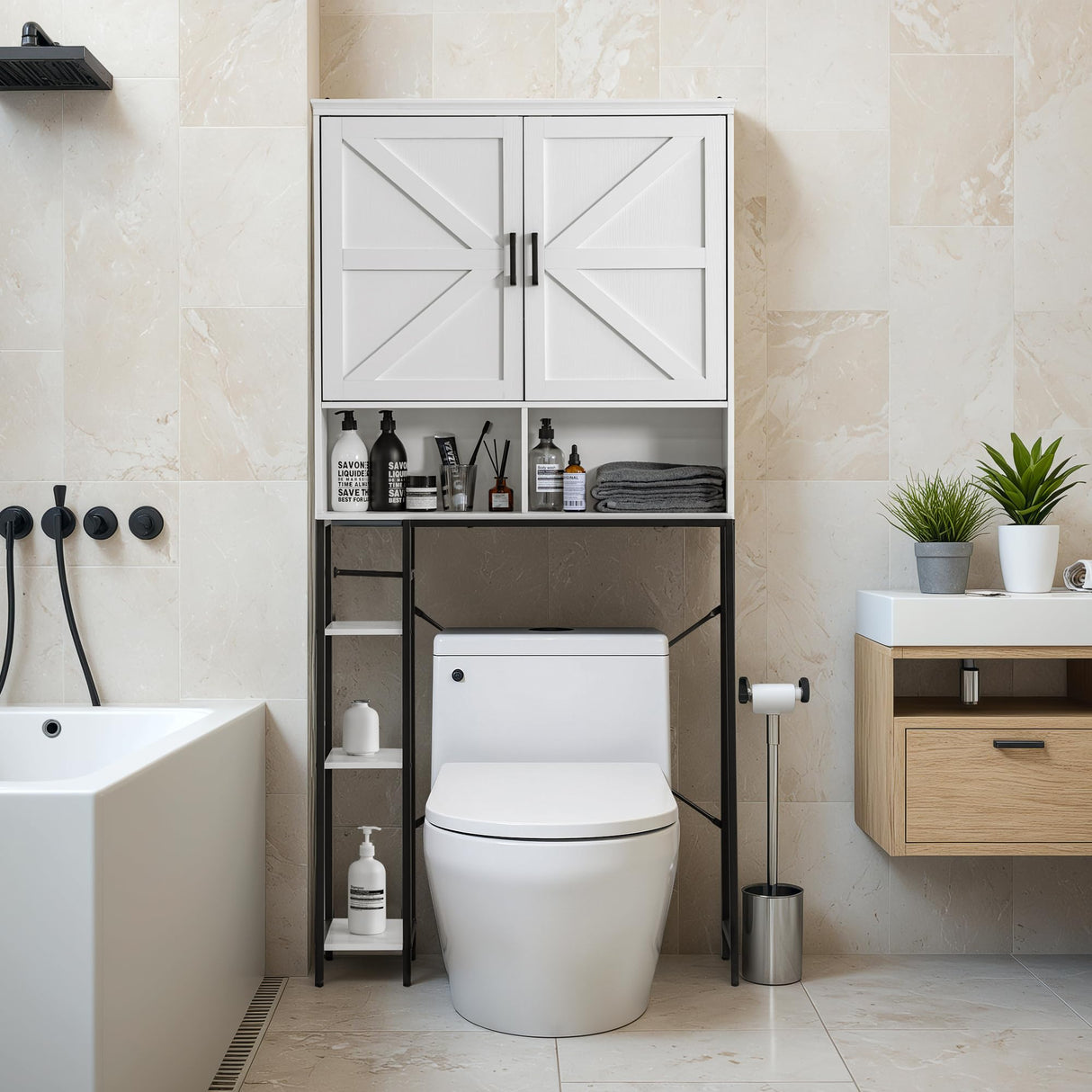 JUMMICO Over The Toilet Storage Cabinet, Bathroom Organizer with Adjustable Shelf, Toilet Organizer with 2 Barn Doors, Space Saver for Bathroom, Laundry, White JUMMICO