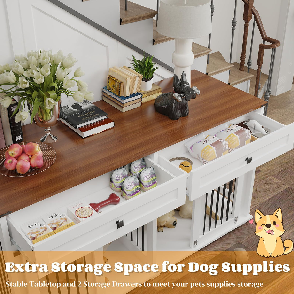 63'' Dog Crate Furniture for 2 Dogs, Wooden Dog Crate Table Furniture with 2 Storage Drawers, Indoor Dog Kennel with Divider and Double Sliding Doors, Large Pet House, White Cage Natural Wood Tabletop Kurhwyss