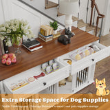63'' Dog Crate Furniture for 2 Dogs, Wooden Dog Crate Table Furniture with 2 Storage Drawers, Indoor Dog Kennel with Divider and Double Sliding Doors, Large Pet House, White Cage Natural Wood Tabletop Kurhwyss