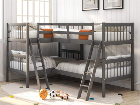 Harper & Bright Designs L-Shaped Bunk Bed Twin Over Twin,Quad Bunk Bed with Guardrail & Angle Ladder,Twin Bunk Beds for 4 Kids,Wood Corner Beds for Bedroom, No Box Spring Needed,Grey Harper & Bright Designs