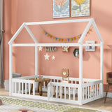 Harper & Bright Designs Twin House Bed with Fence and Door for Kids - White Wash Montessori Floor Bed Harper & Bright Designs