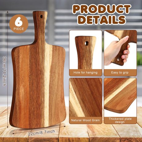 Layhit 6 Pack Thick Acacia Wood Cutting Board Wooden Serving Board Double Sided Serving Wood with Handle Chopping Boards for Kitchen Meat Charcuterie Cheese Bread Vegetables Fruits, 14 x 8.7 Inch Layhit