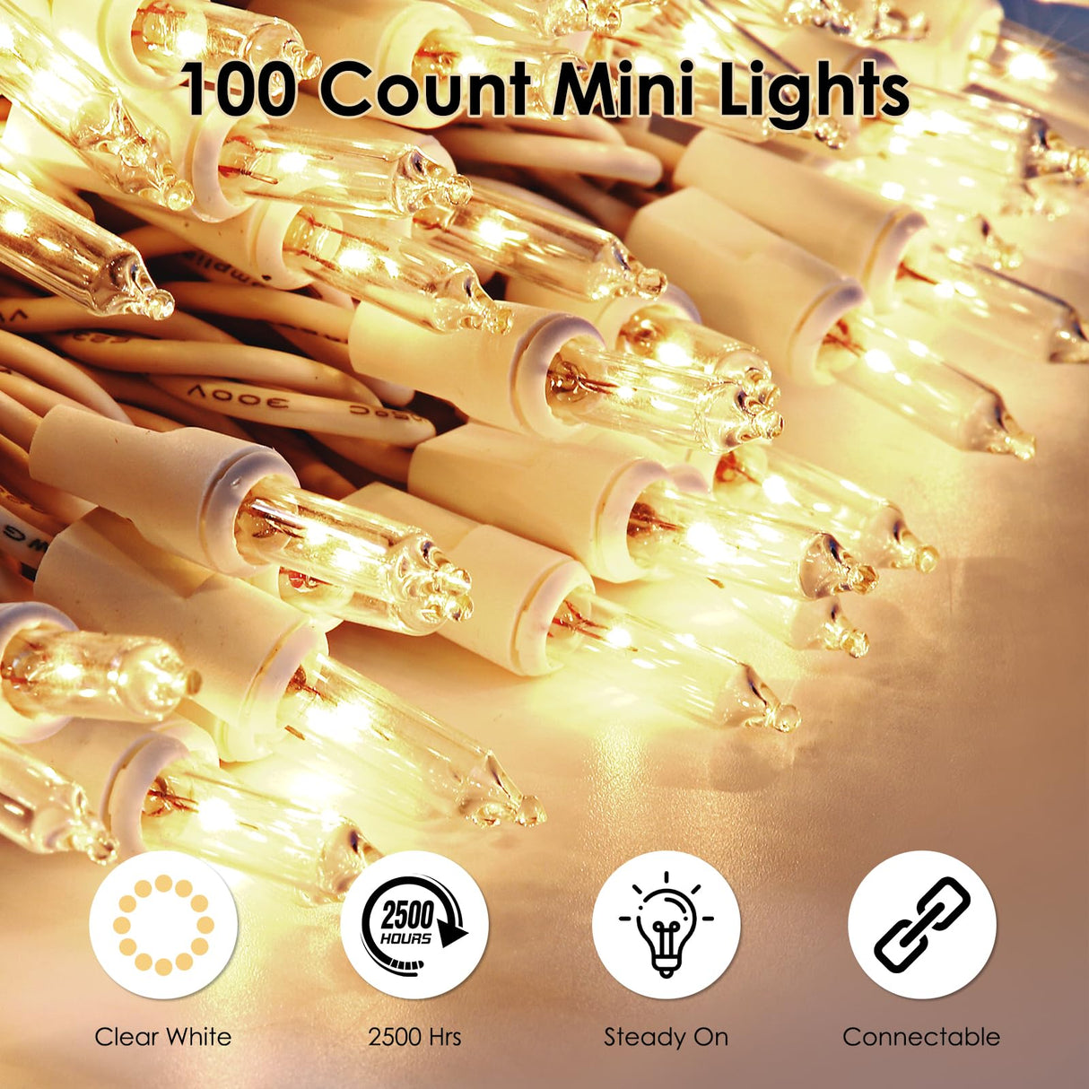 Meteds Christmas Lights 100 Count Clear White Wire UL Certified Connectable Warm White String Lights for Christmas Tree,Garland,Home,Patio, Wedding,Party,Festival Decor Meteds