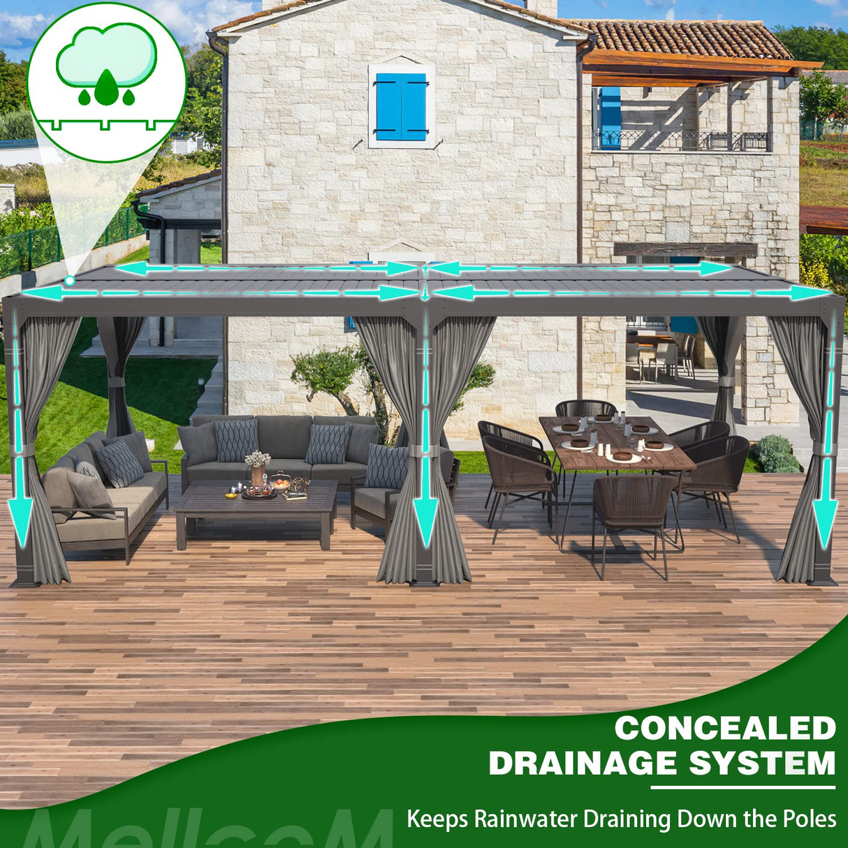 MELLCOM Louvered Pergola 10x20, Aluminum Pergola with Adjustable Louvered Roof, Outdoor Pergola with Waterproof Curtains and Nets, Gray MELLCOM