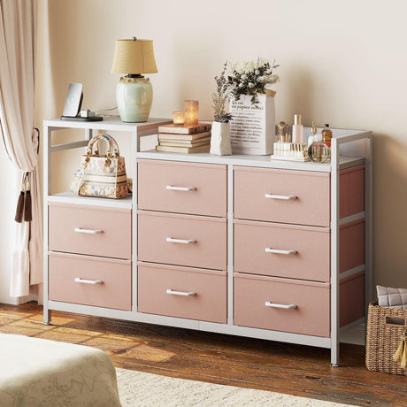 Casaottima Dresser for Bedroom with Charging Station, 52" Long Dresser with 8 Storage Drawers, Large Fabric Dressers Chests of Drawers with Shelves, Pink Casaottima
