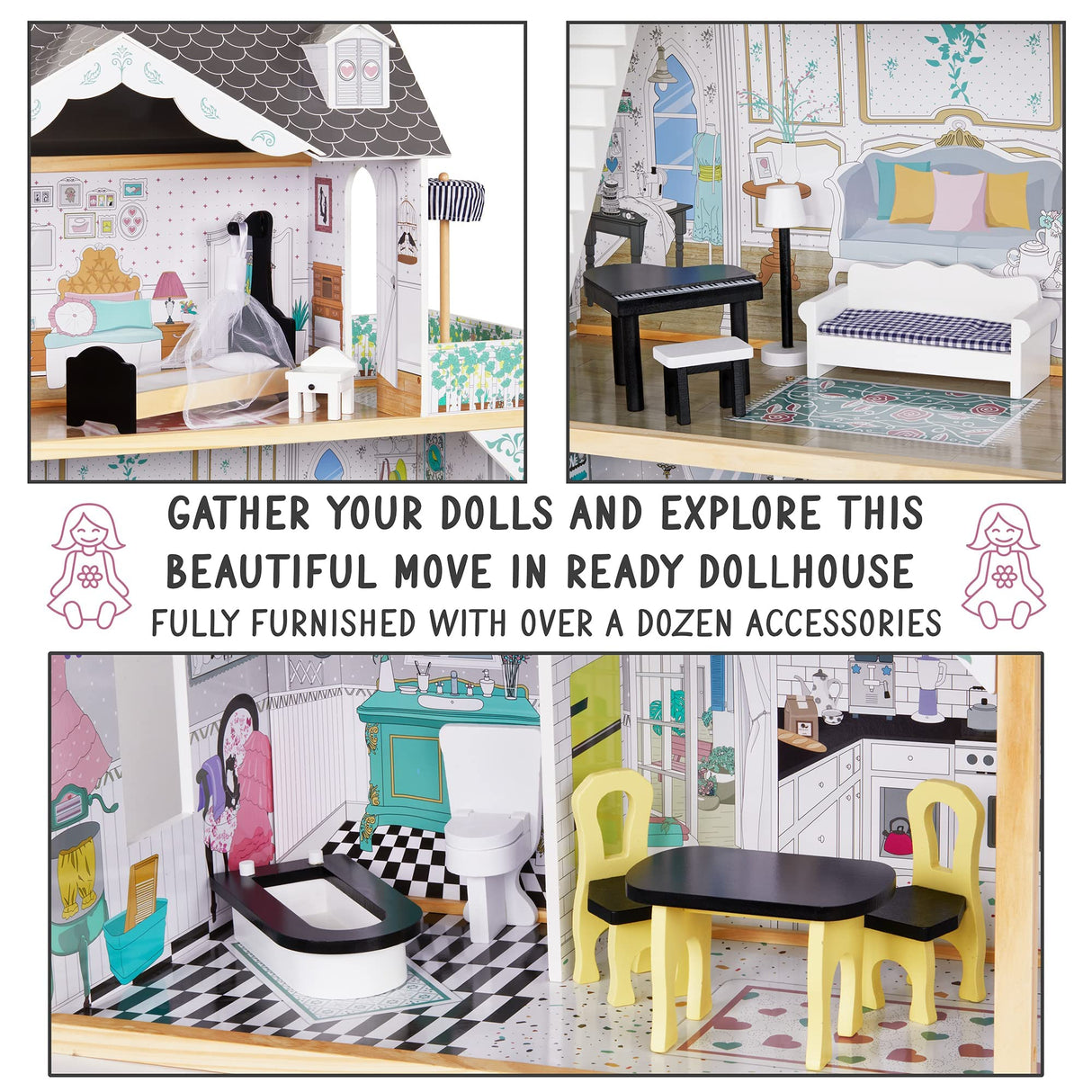 Lil' Jumbl X-Large 3-Story Wooden Dollhouse with Elevator, Balcony & Furniture Set Lil' Jumbl