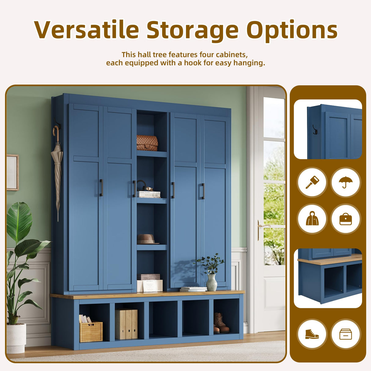 Merax Modern Farmhouse Hall Tree with Bench, 4-in-1 Entryway Storage Cabinet & Shoe Organizer with Hooks, Blue Merax