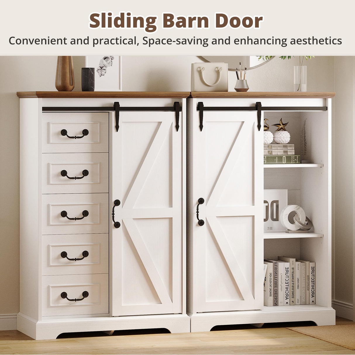 IRONCK 5 Drawers Dressers for Bedroom, Farmhouse Dresser Chest of Drawer with Sliding Barn Door,48” Tall Dresser Storage Organizer for Living Room, Entryway, White/Walnut IRONCK