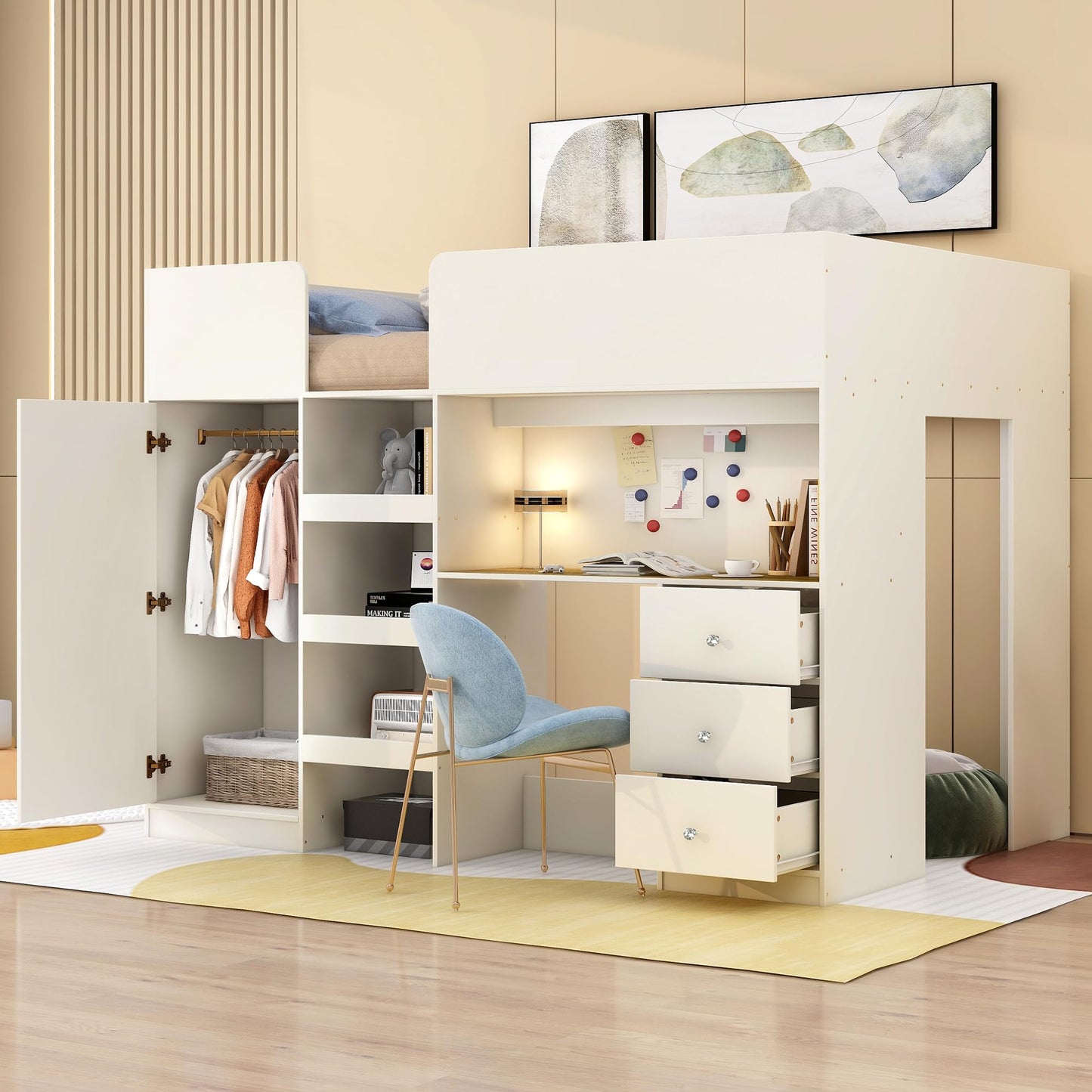 Merax Wood Loft Bed Full Size with Storage, Built-in Desk, Drawers, Wardrobe and Shelves, Beige