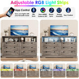 Grey Dresser for Bedroom with 6 Drawers, Large Wooden Bedroom Dressers with Power Outlet and Led Lights, 55 Inch Wide TV Dresser, Wood Modern 6 Drawers Dressers & Chests of Drawers for Room GarveeLife