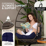 SereneLife Foldable Hanging Egg Swing – Deep Blue Rattan Wicker Chair with Stand, Waterproof Seat Cushion & Headrest, 350 lbs. Capacity – Indoor Outdoor Hammock Chair for Patio, Porch & Garden SereneLife
