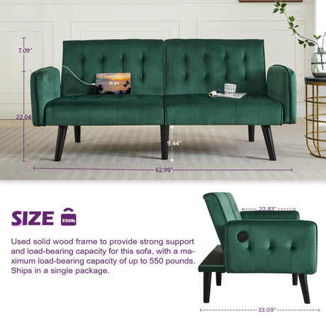 TYBOATLE 65" W Velvet Modern Convertible Folding Futon Couch Sofa Bed w/ 2 USB Charging Ports and arms, Loveseat for Living Room, Office, Apartment, Bedroom (Green) TYBOATLE
