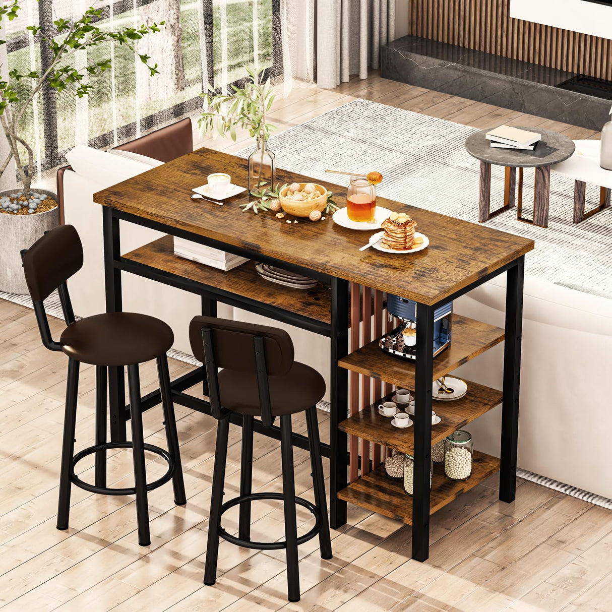 Recaceik Rustic Brown Counter Height Dining Set with Bar Table and 2 Upholstered Stools and Storage Shelves Recaceik