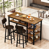 Recaceik Rustic Brown Counter Height Dining Set with Bar Table and 2 Upholstered Stools and Storage Shelves Recaceik