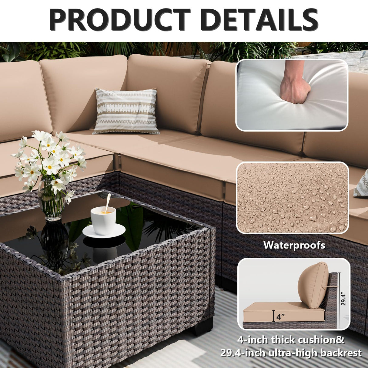 ALAULM 7 Pieces Patio Furniture Set with Fire Pit Table 55000BTU, Oversized Seat/Armrest and High Back Wicker Conversation Set with Thick Cushion for Backyard, Garden, Sand ALAULM