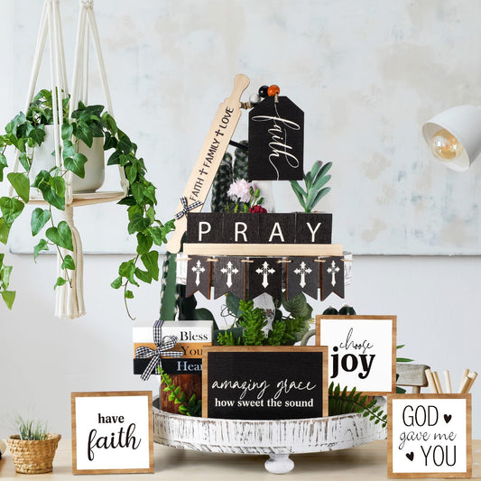 Tatuo 13 Pcs Religious Tiered Tray Decor Set Faith Wooden Table Decor Christian Farmhouse Decorations Rustic Faith Pray Cross Wood Block Signs for Home Church Tabletop Centerpieces Easter Dec - WoodArtSupply