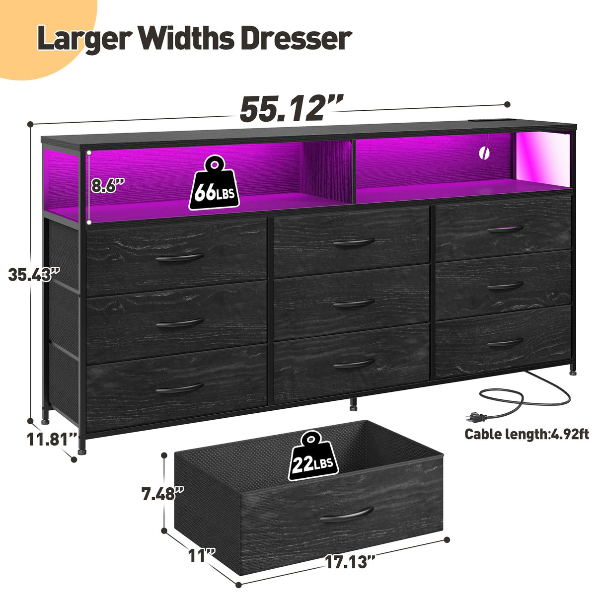 EnHomee 55” W Dresser, Black Dresser for Bedroom with Power Outlet & LED Lights for 65" TV Stand for Bedroom Dresser with 9 Fabric Drawers, Sturdy Dressers for Bedroom, Closet, Entryway EnHomee