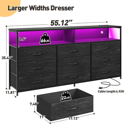 EnHomee 55” W Dresser, Black Dresser for Bedroom with Power Outlet & LED Lights for 65" TV Stand for Bedroom Dresser with 9 Fabric Drawers, Sturdy Dressers for Bedroom, Closet, Entryway