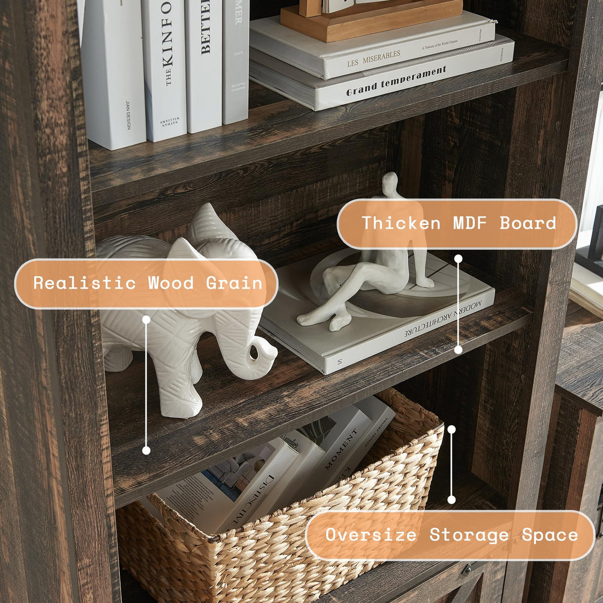 AMERLIFE Farmhouse Bookcase with Doors, 5 Shelf Bookshelf Storage Cabinet with Adjustable Shelves & Barn Door, Versatile Storage Pantry Cabinet for Bedroom, Living Room, Kitchen, Rustic Oak Black AMERLIFE