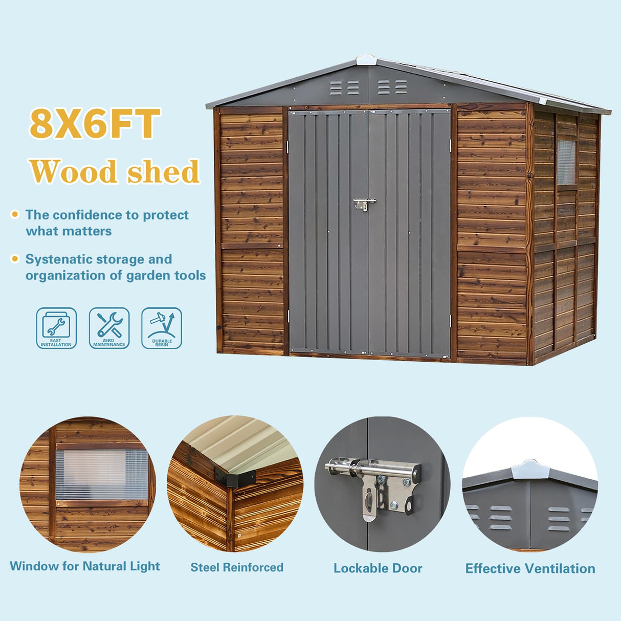8x6 FT Outdoor Storage Shed, Wood Metal Utility Tool Shed Storage House with Door and Lock, Wooden Sheds Outdoor Storage for Garden,Patio,Lawn,Poolside AEMSOFK