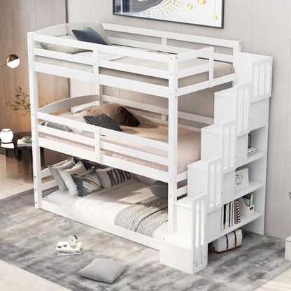 Harper & Bright Designs Twin Size Triple Bunk Bed with Stairs and Storage, Solid Wood Twin Over Twin Over Twin Bunk Bed Frame for 3 Kids Girls Boys, Separate Design (White)