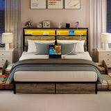 SADENICEL King Size Bed Frame with Storage Headboard, Metal Platform King Bed Frame Wood with 4 Drawers, LED Light, Charging Station, No Box Spring Needed, Noise Free, Easy Assembly, Grey SADENICEL